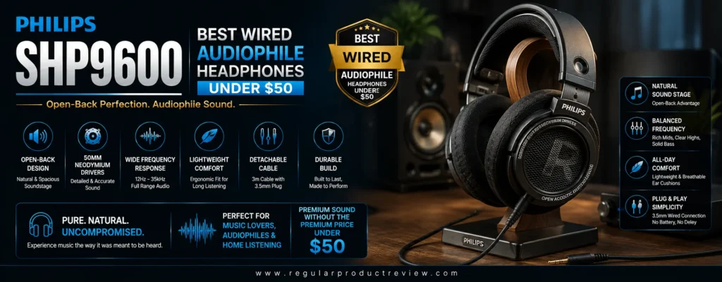 Philips SHP9600 open-back wired headphones with 50mm neodymium drivers, detachable cable, and spacious soundstage — Best Wired Audiophile Headphones Under $50.