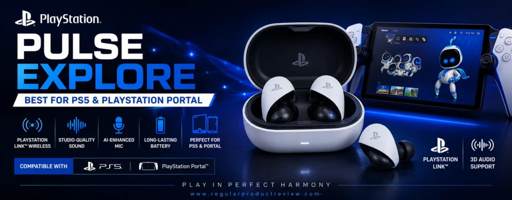 PlayStation Pulse Explore gaming earbuds promotional banner featuring the wireless earbuds, charging case, and PlayStation Portal with bold highlights for PlayStation Link, 3D Audio support, AI-enhanced microphone, long battery life, and seamless PS5 compatibility.