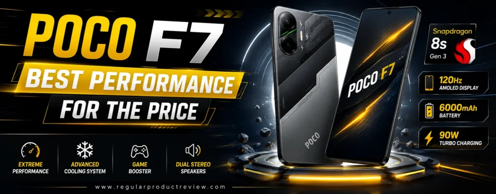 A premium hero banner featuring the POCO F7 smartphone with a futuristic black and yellow theme, bold typography, performance-focused feature icons, and a modern cyber-inspired technology background.