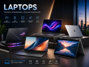 Premium laptops collection featuring gaming laptops, ultrabooks, business laptops, and 2-in-1 convertibles displayed in a modern studio environment with a clean, premium design.