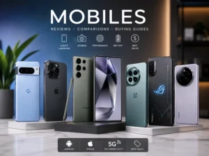 Premium smartphones collection featuring flagship Android smartphones and iPhones displayed in a modern studio environment with a clean, minimalist design.