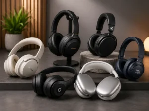 Premium wireless headphones collection featuring over-ear Bluetooth headphones with modern designs displayed in a professional studio environment.