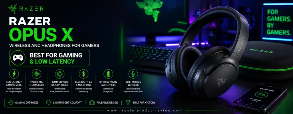 Razer Opus X wireless noise cancelling headphones with Hybrid ANC, low latency gaming mode, Bluetooth 5.0, and up to 40-hour battery life under $100.
