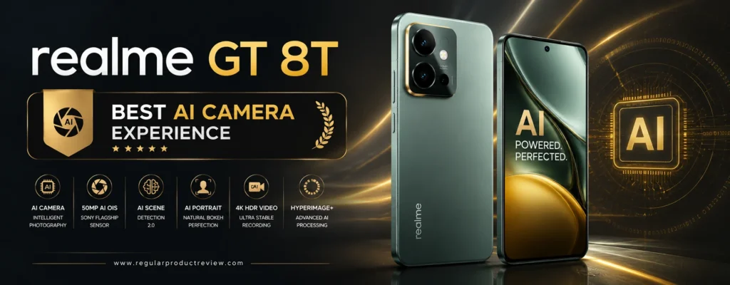 realme GT 8T Best AI Camera Experience promotional banner featuring AI-powered photography, advanced image processing, flagship performance, 4K video recording, and a premium smartphone design.