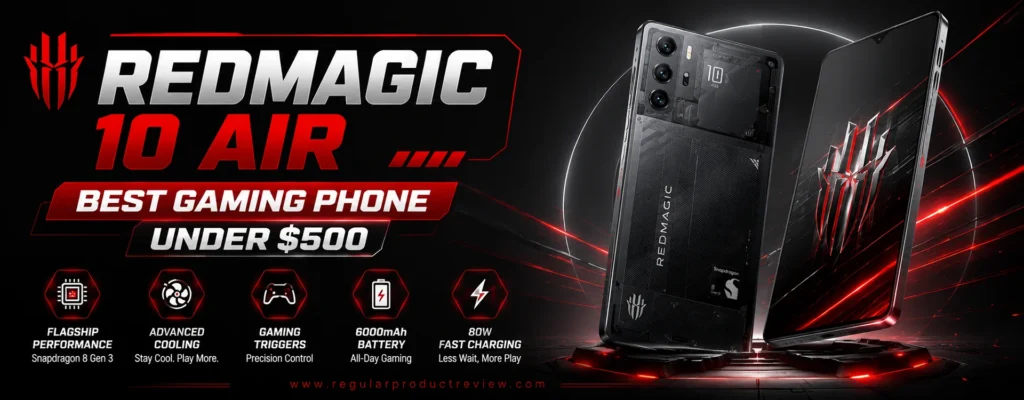 A premium hero banner featuring the REDMAGIC 10 Air gaming smartphone with a futuristic black and red theme, bold typography, flagship gaming features, and a modern technology-inspired background.
