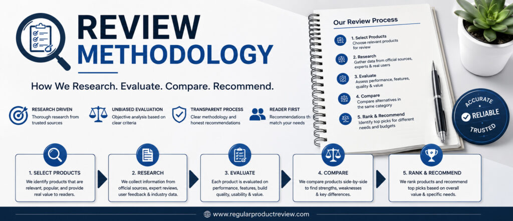 Review Methodology banner illustrating the product research, evaluation, comparison, and ranking process used by Regular Product Review to create transparent buying guides and recommendations.