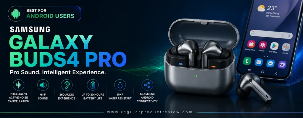 Samsung Galaxy Buds4 Pro Best for Android Users banner featuring intelligent Active Noise Cancellation, Hi-Fi sound, 360 Audio, long battery life, and IP57 water resistance.