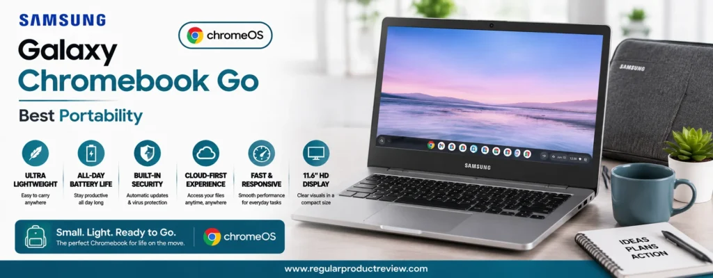 Samsung Galaxy Chromebook Go featured in a modern hero banner highlighting its ultra-lightweight design, all-day battery life, built-in security, ChromeOS experience, and portable everyday performance.