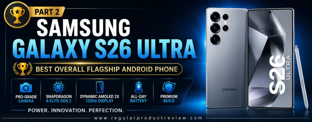 Samsung Galaxy S26 Ultra banner highlighting the best overall flagship Android phone with premium camera, Snapdragon flagship performance, Dynamic AMOLED display, long battery life, and premium build quality.