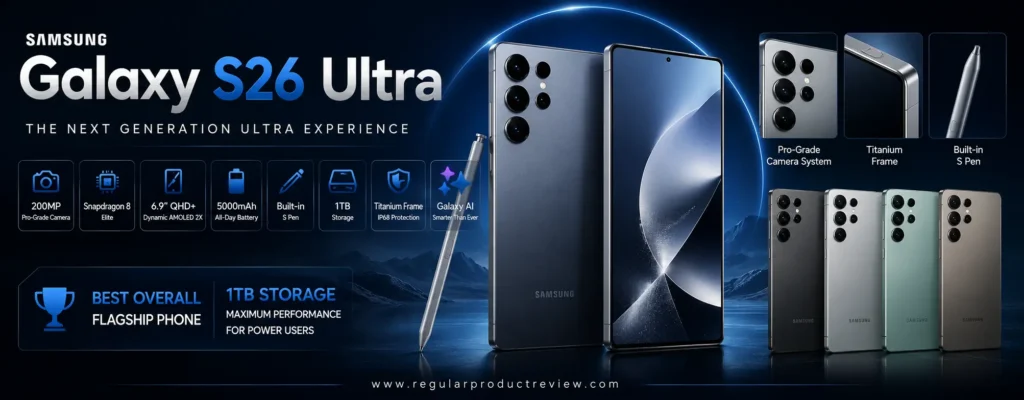 Samsung Galaxy S26 Ultra with official 1TB storage, featuring its premium AMOLED display, flagship performance, Galaxy AI, and advanced camera system.
