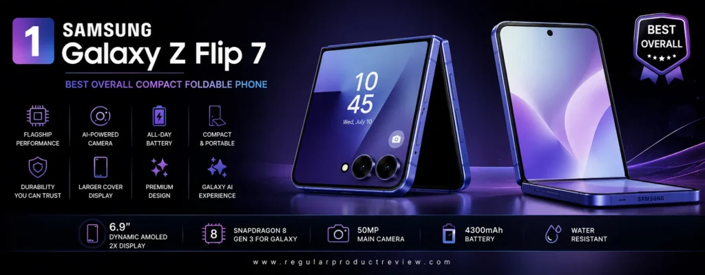 Samsung Galaxy Z Flip 7 premium foldable smartphone featured as the best overall compact foldable phone with flagship performance, Galaxy AI, advanced cameras, durable design, and pocket-friendly portability.