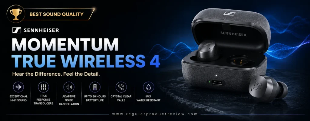 Sennheiser MOMENTUM True Wireless 4 Best Sound Quality wireless earbuds banner featuring audiophile-grade Hi-Fi sound, Adaptive Noise Cancellation, aptX Lossless support, long battery life, and IP54 water resistance.