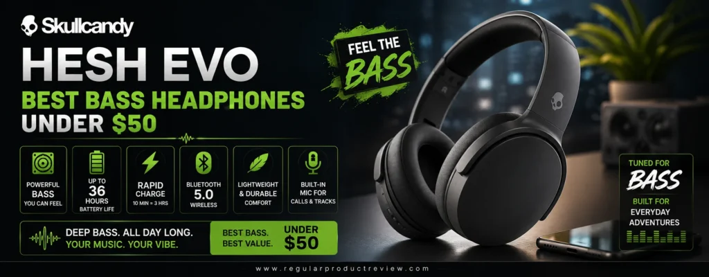 Skullcandy Hesh Evo wireless headphones with powerful bass, 40mm drivers, Bluetooth 5.0, Rapid Charge, and up to 36-hour battery life — Best Bass Headphones Under $50.
