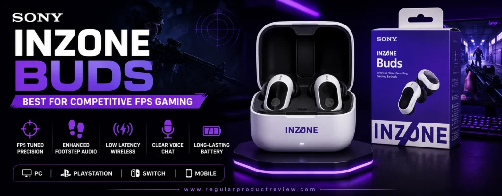 Sony INZONE Buds gaming earbuds promotional banner featuring the wireless earbuds, charging case, and retail box with bold highlights for competitive FPS gaming, ultra-low latency, enhanced footstep audio, clear voice chat, and long battery life.