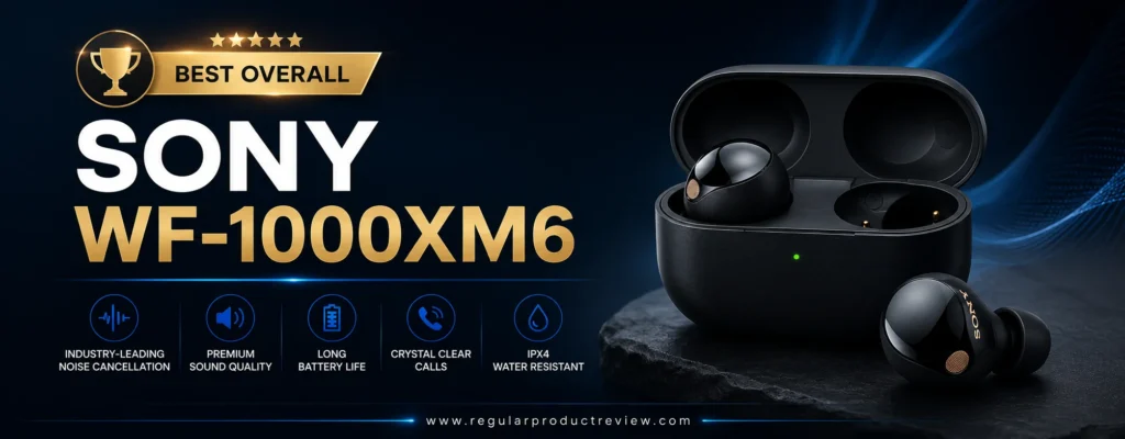 Sony WF-1000XM6 Best Overall wireless earbuds banner featuring premium noise cancellation, high-quality sound, long battery life, and IPX4 water resistance.