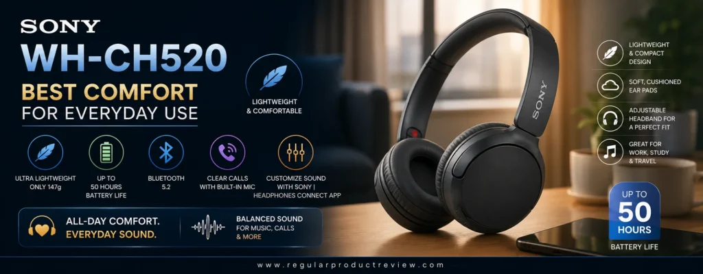 Sony WH-CH520 wireless headphones with lightweight design, Bluetooth 5.2, up to 50-hour battery life, and comfortable ear cushions — Best Comfort for Everyday Use.