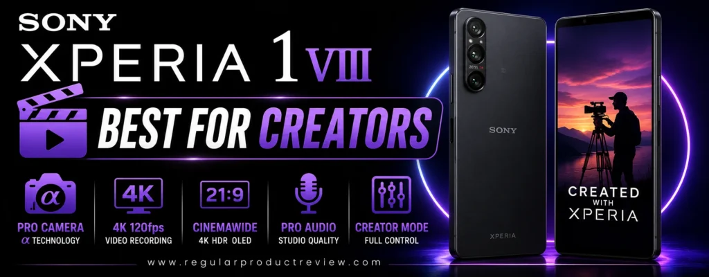 Sony Xperia 1 VIII promotional banner showcasing the Best for Creators flagship smartphone with Alpha camera technology, 4K HDR OLED display, Cinemawide 21:9 aspect ratio, professional audio tools, Creator Mode, and advanced filmmaking features.