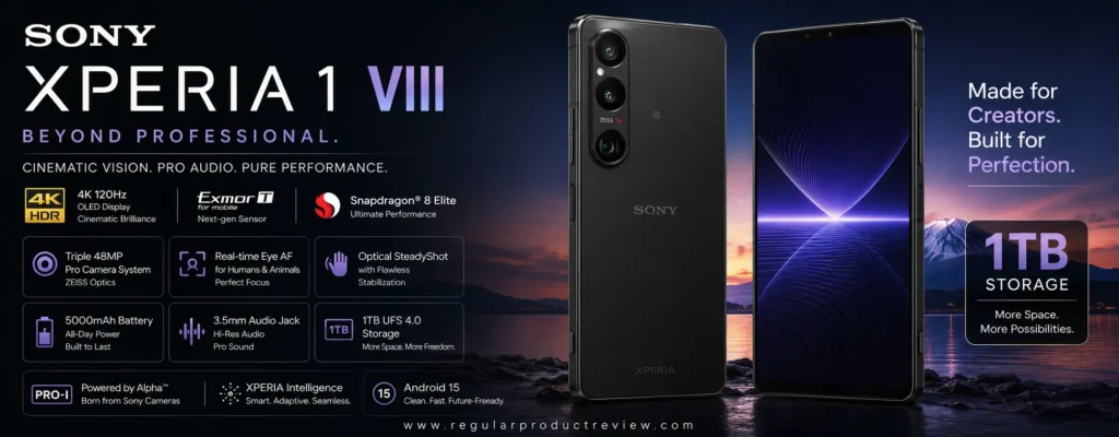 Sony Xperia 1 VIII with official 1TB storage, featuring a BRAVIA OLED display, ZEISS camera system, Snapdragon flagship performance, and premium multimedia capabilities.