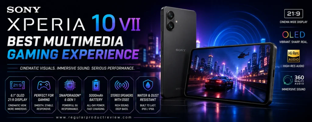 A premium hero banner featuring the Sony Xperia 10 VII smartphone with a futuristic blue and purple neon theme, bold typography, multimedia-focused feature icons, and a modern cyber-inspired technology background.