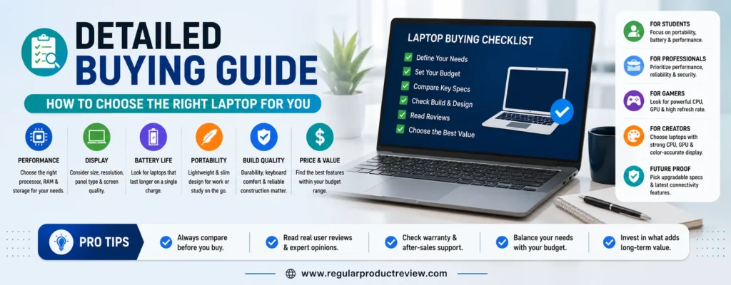 Student laptop buying guide featuring key factors such as performance, display, battery life, portability, build quality, and value to help choose the best laptop under $500.