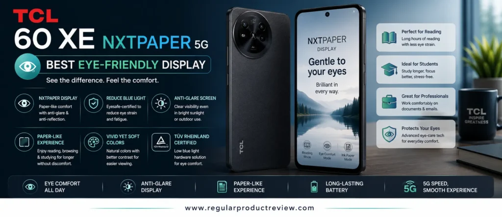 TCL 60 XE NXTPAPER 5G, the best eye-friendly display phone featuring NXTPAPER technology, reduced blue light, anti-glare screen, and comfortable viewing for business users.