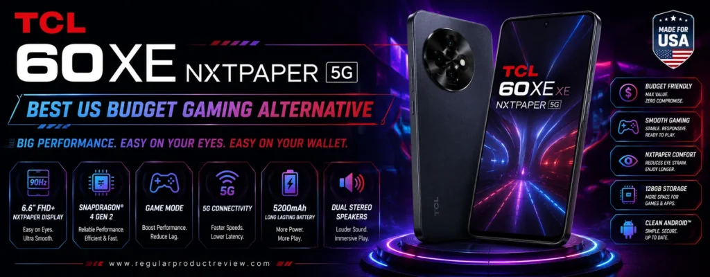 A premium hero banner featuring the TCL 60 XE NXTPAPER 5G smartphone with a futuristic red and blue neon theme, bold typography, budget gaming feature icons, and a modern cyber-inspired technology background.