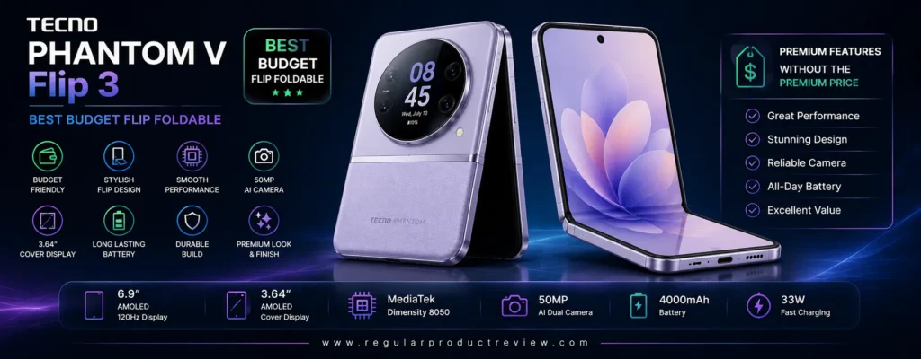 TECNO Phantom V Flip 3 budget flip foldable smartphone featuring a stylish compact design, AMOLED display, AI-powered dual cameras, reliable performance, and long battery life, recognized as the best budget flip foldable phone.