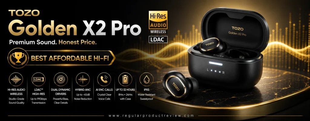 TOZO Golden X2 Pro wireless earbuds featuring Hi-Res Audio Wireless, LDAC support, Hybrid Active Noise Cancellation, AI-enhanced calls, and premium Hi-Fi sound.