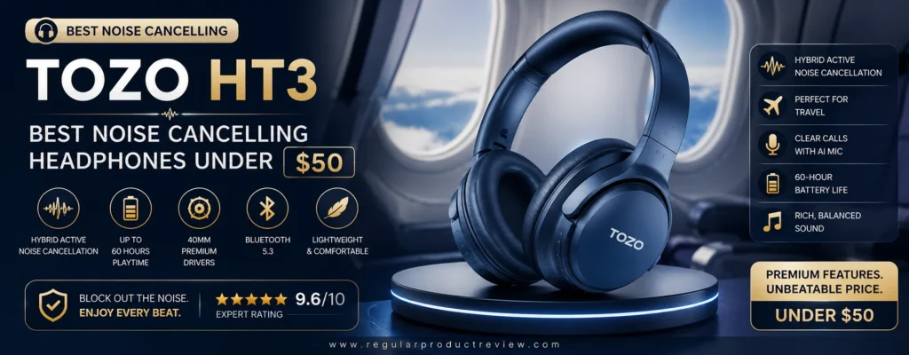 TOZO HT3 wireless headphones with Hybrid Active Noise Cancellation, Bluetooth 5.3, and 60-hour battery life — Best Noise Cancelling Headphones Under $50.