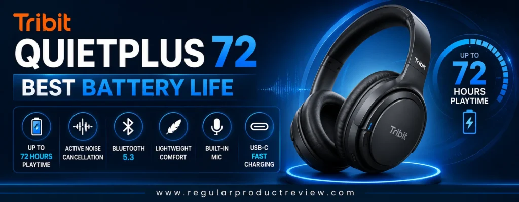 Modern hero banner featuring the Tribit QuietPlus 72 wireless headphones with bold icons highlighting up to 72 hours of battery life, Active Noise Cancellation, Bluetooth 5.3, lightweight comfort, built-in microphone, and USB-C fast charging.