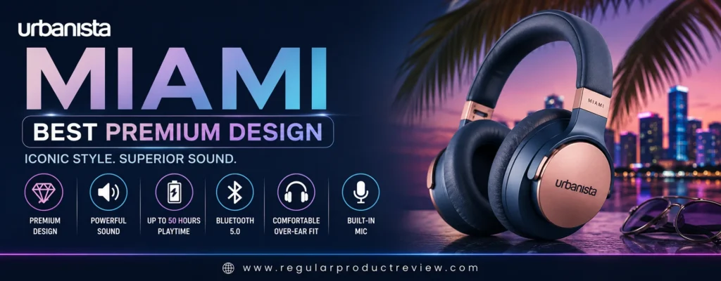Modern hero banner featuring the Urbanista Miami wireless headphones with bold icons highlighting premium design, powerful sound, up to 50 hours of battery life, Bluetooth 5.0, comfortable over-ear fit, and built-in microphone.