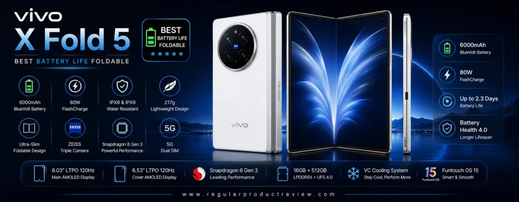 vivo X Fold 5 premium book-style foldable smartphone featuring a 6000mAh BlueVolt battery, ZEISS triple cameras, Snapdragon flagship performance, ultra-thin design, and fast charging, recognized as the best battery life foldable phone.