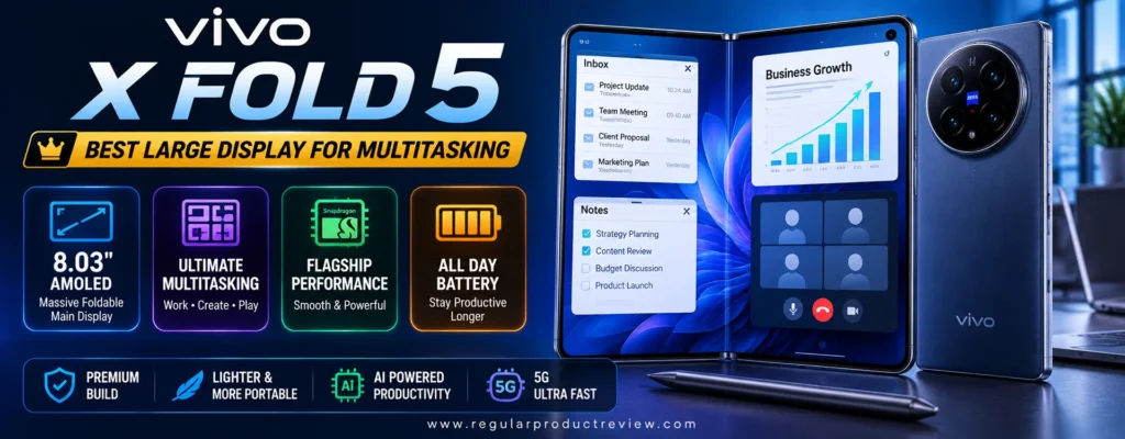 vivo X Fold 5 featured as the best foldable phone for multitasking with a large 8.03-inch AMOLED display, flagship performance, AI productivity tools, all-day battery life, and a premium foldable design.
