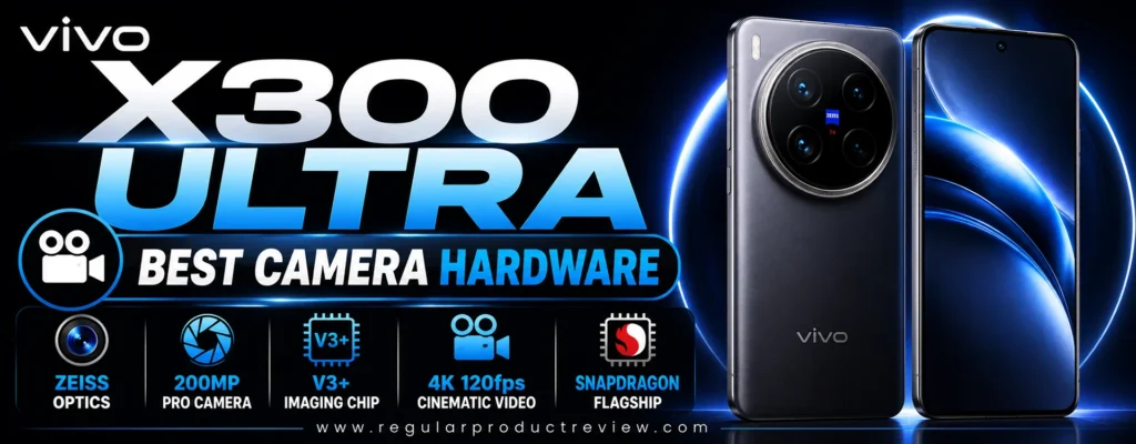 vivo X300 Ultra promotional banner showcasing the Best Camera Hardware flagship smartphone with ZEISS optics, 200MP professional camera, V3+ imaging chip, Snapdragon flagship processor, and cinematic 4K video recording.
