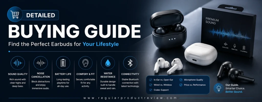 Wireless Earbuds Buying Guide 2026 banner featuring key buying factors including sound quality, Active Noise Cancellation, battery life, comfort, water resistance, and Bluetooth connectivity.