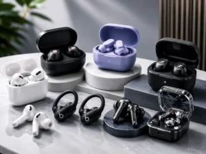 Premium true wireless earbuds collection featuring multiple flagship earbuds and charging cases displayed in a modern studio environment with a clean, minimalist design.