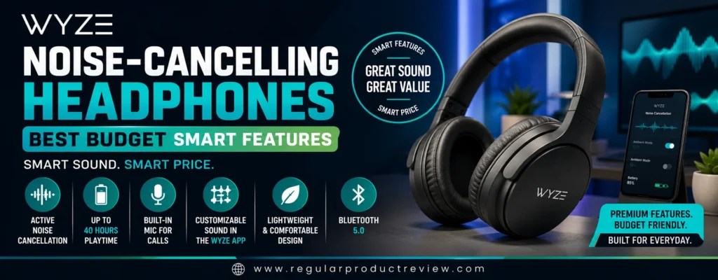 Modern hero banner featuring the Wyze Noise-Cancelling Headphones with bold icons highlighting Active Noise Cancellation, up to 40 hours of battery life, built-in microphone, Wyze app customization, lightweight comfort, and Bluetooth 5.0.