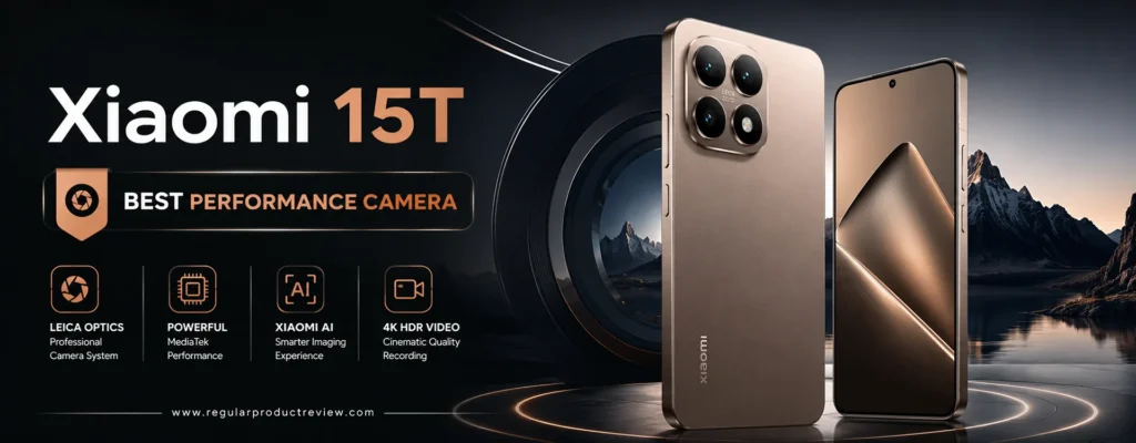 Xiaomi 15T Best Performance Camera promotional banner featuring a premium smartphone design, AI-powered camera, flagship performance, 4K video recording, and advanced mobile photography technology.