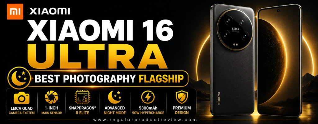 Xiaomi 16 Ultra promotional banner showcasing the Best Photography Flagship smartphone with Leica camera system, 1-inch main sensor, Snapdragon flagship processor, advanced night photography, fast charging, and premium design.