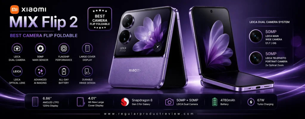 Xiaomi MIX Flip 2 foldable smartphone featuring Leica dual cameras, flagship Snapdragon performance, AI-powered imaging, and a premium flip design, recognized as the best camera flip foldable phone.