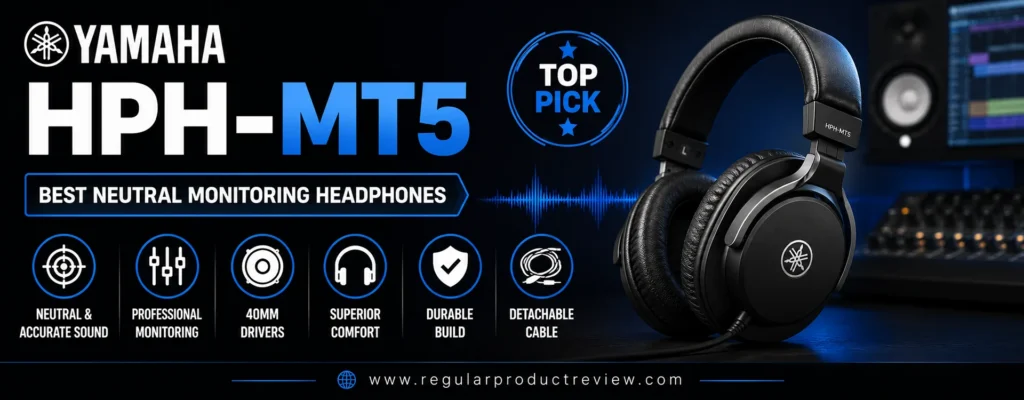 Yamaha HPH-MT5 professional closed-back monitoring headphones featured as the best neutral monitoring headphones with accurate sound, 40mm drivers, detachable cable, and durable studio-ready design.