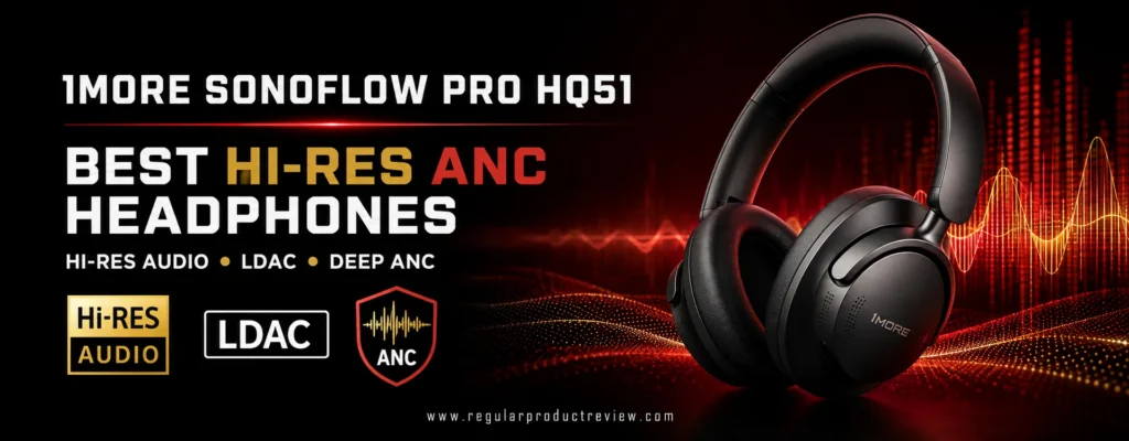 1MORE SonoFlow Pro HQ51 headphones with Hi-Res Audio, LDAC, and active noise cancellation icons
