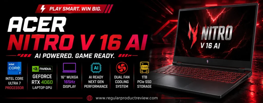Acer Nitro V 16 AI gaming laptop featuring an AMD Ryzen AI 7 processor, NVIDIA GeForce RTX 5060 Laptop GPU, 16-inch WQXGA 180Hz display, dual-fan cooling system, and AI-powered gaming performance.