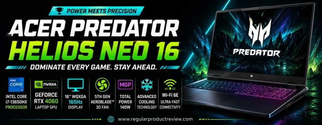 Acer Predator Helios Neo 16 gaming laptop featuring an Intel Core processor, NVIDIA GeForce RTX graphics, a 16-inch WQXGA 165Hz display, AeroBlade cooling technology, and premium gaming performance.