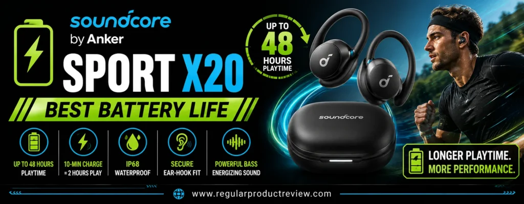 Anker Soundcore Sport X20 wireless sports earbuds featuring secure ear hooks, up to 48 hours of battery life, IP68 waterproof protection, and powerful sound for workouts and outdoor fitness.