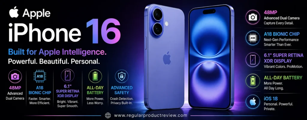 Apple iPhone 16 showing front and rear design with 48MP camera, A18 Bionic chip, and Super Retina XDR display
