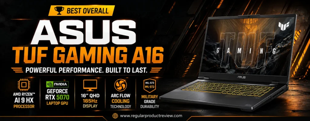 ASUS TUF Gaming A16 gaming laptop featuring an AMD Ryzen AI processor, NVIDIA GeForce RTX 5070 Laptop GPU, 16-inch QHD 165Hz display, Arc Flow cooling, and military-grade durability.