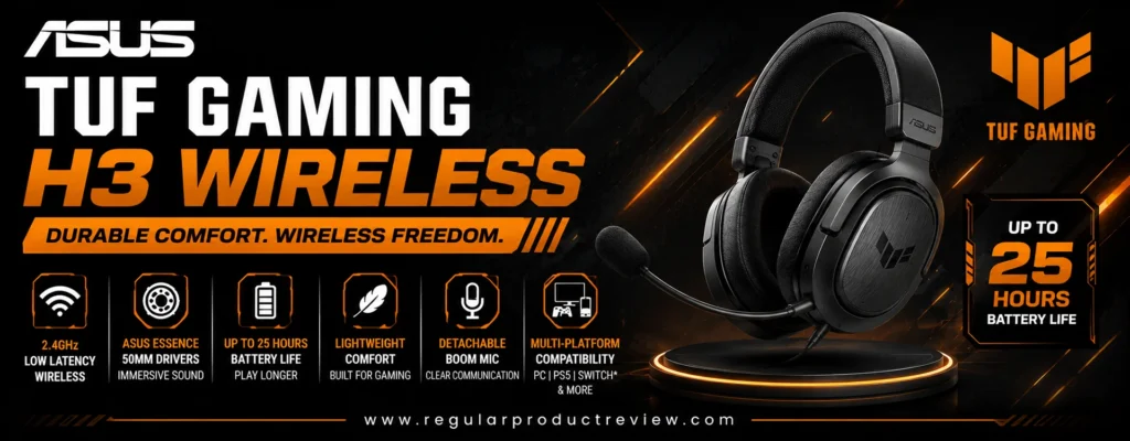 ASUS TUF Gaming H3 Wireless gaming headset featuring 2.4GHz low-latency wireless connectivity, ASUS Essence 50mm drivers, up to 25 hours of battery life, lightweight comfort, detachable boom microphone, and multi-platform compatibility for immersive gaming.