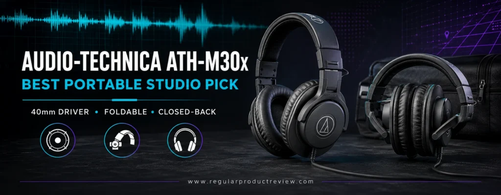 Audio-Technica ATH-M30x closed-back studio headphones shown in full-size and folded views