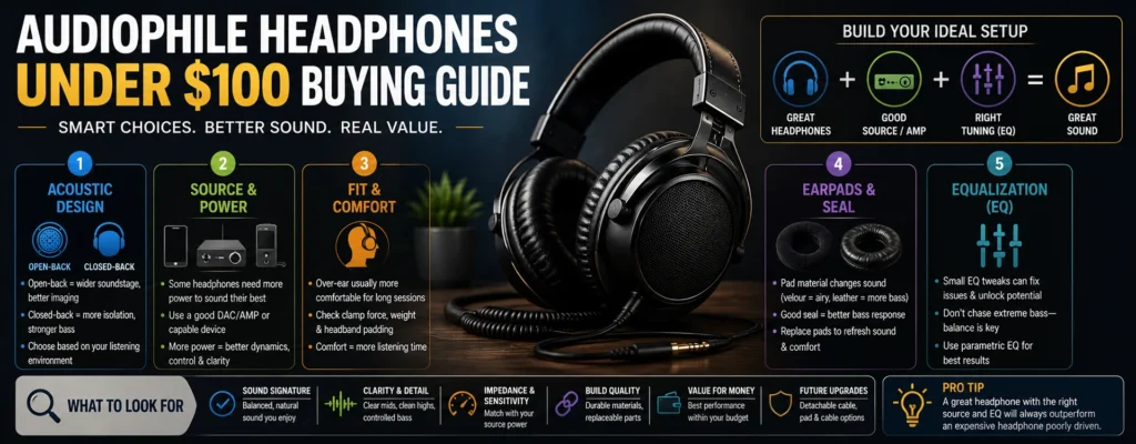 Audiophile headphone buying guide comparing acoustic design, source power, fit, pads, and equalization